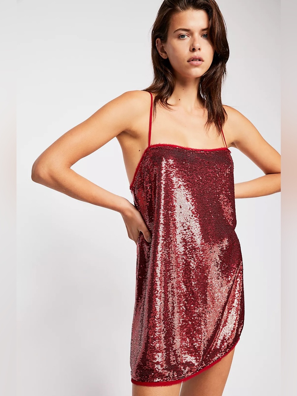 Free People Red Sequin Time To Shine Slip Mini Dress XL